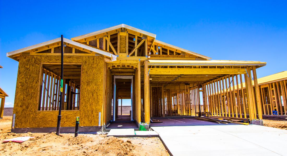 Frame of a new construction one level home.